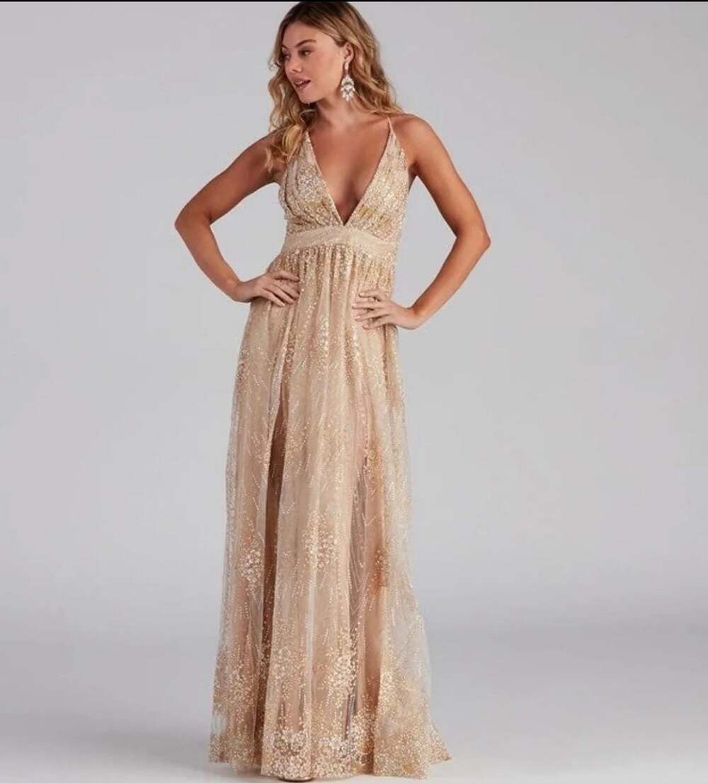 Windsor Mona Formal Plunging Glitter Sequin Maxi Dress